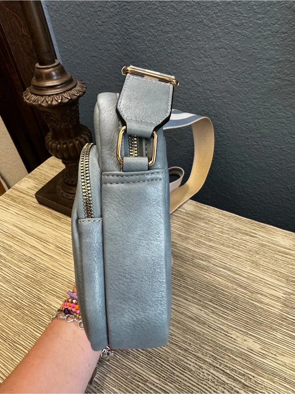 Bostanten Lotty Light Blue Crossbody Bag with Striped Adjustable Strap
